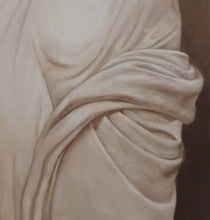 Laden Sie das Bild in den Galerie-Viewer, Detail of drapery in a monochrome, neutral warm light brown oil painting by Kelly Borsheim
