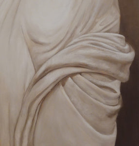 Detail of drapery in a monochrome, neutral warm light brown oil painting by Kelly Borsheim