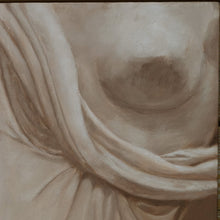 Laden Sie das Bild in den Galerie-Viewer, painting of a stone statue in Lucca, Italy, Tuscany.  This shows the exposed breast (minimal detail, thus tasteful nude art) and the drapery that flows around the woman's breast, oil painting by Kelly Borsheim