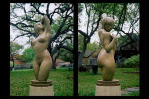 Two views to see the two faces of Gemini, a voluptuous female figure bronze garden sculpture by artist Kelly Borsheim, shown in San Antonio, Texas