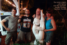 Load image into Gallery viewer, Fun family photo with the Gymnast after she successfully moved to Florida.  Garden Statue Gymnast Pike Position on Four Headed Turtle Fantasy Figure Statue Marble