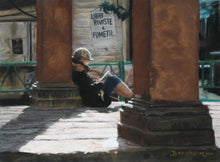 Laden Sie das Bild in den Galerie-Viewer, This is a pastel drawing / painting of a young woman sitting outside in, leaning against Italian square columns in a piazza in Florence, Italy. She is reading a book, relaxing in the winter sunshine. Pastel art by Kelly Borsheim