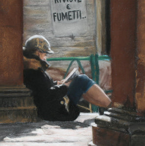 higher resolution detail of pastel drawing of girl reading in winter sun.  