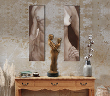將圖片載入圖庫檢視器 Neutral art decor, couple art bronze Together and Alone is displayed on a lovely wooden sideboard table, situated between the nude torso paintings Lui and Lei