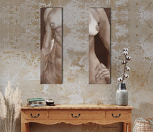 Cargar imagen en el visor de la galería, Monochromatic sepia pair of paintings soothe and bring peaceful contemplation of the beauty in human anatomy, add these artworks to your home!