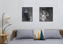 Laden Sie das Bild in den Galerie-Viewer, Luminosity Diptych Painting Man Woman Candles Celtic Symbols Monochromatic Diptych Painting hung separately over the bed in bedroom peaceful meditation prayer place