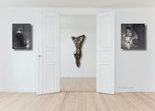 Laden Sie das Bild in den Galerie-Viewer, Great entryway duo paintings Luminosity, her and him meditating on candlelight, shown here with the large bronze Ten as a centerpiece inside the welcoming doors in this elegant home with white walls and light wood floors