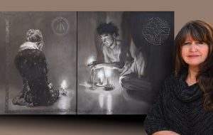 Luminosity meditation diptych painting shown with the artist Kelly Borsheim, painter and sculptor