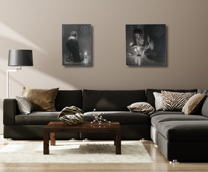 Sample living room scene with Luminosity triptypch monochromatic oil painting and the tabletop sculpture Zebra Lips