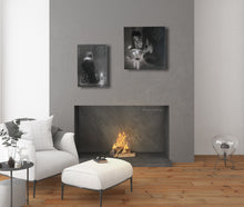 Load image into Gallery viewer, Another living room scene, with fireplace, with monochromatic set of two paintings are hung over the fireplace .. perfect neutral color room decor
