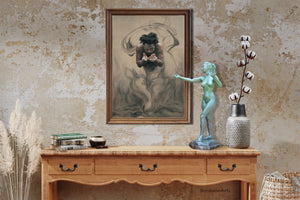 Sirenetta standing female bronze figure sculpture sitting on a side table room mockup, Little Mermaid Potion Made Legs of a Tail with gracefulness included in the spell, she seems to be a good host, arm extended to direct your eye to the pastel and charcoal drawing The Gift.   Home Decor with Fine Art by Kelly Borsheim