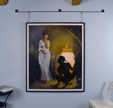 Laden Sie das Bild in den Galerie-Viewer, This painting hangs from eye loops at each end of the art.  Curiosity of Pandora - Painting of God Hermes and the Box Greek Mythology