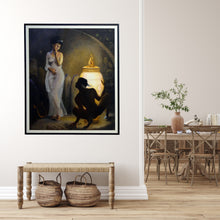 Laden Sie das Bild in den Galerie-Viewer, Mostly neutral colors, but also a contrast between a cool violet light and a warm orange light source.  Curiosity of Pandora - Painting of God Hermes and the Box Greek Mythology