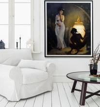 Laden Sie das Bild in den Galerie-Viewer, an intriguing work of art to entice thought Curiosity of Pandora - Painting of God Hermes and the Box Greek Mythology