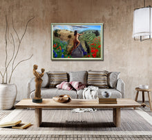 Load image into Gallery viewer, Persephone 90 x 130 cm [about 35 x 51 in] Oil on Canvas by Kelly Borsheim shown in cozy warm living room with bronze sculpture  &quot;Together and Alone&quot; on the coffee table
