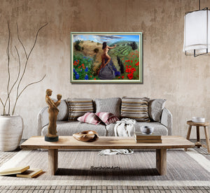 Persephone 90 x 130 cm [about 35 x 51 in] Oil on Canvas by Kelly Borsheim shown in cozy warm living room with bronze sculpture  "Together and Alone" on the coffee table