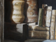 Carica l'immagine nel visualizzatore di Gallery, Detail of weathered old books and a ceramic jug for seed collections Queen of the Shelf tattered books jars statue Realism Original Still Life, see oil painting texturees