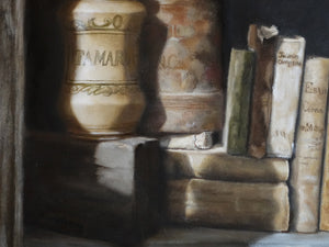 Detail of weathered old books and a ceramic jug for seed collections Queen of the Shelf tattered books jars statue Realism Original Still Life, see oil painting texturees