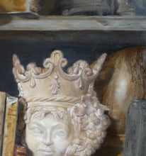 Load image into Gallery viewer, Detail of the statue of a queen in crown and grape clusters in hair wood behind her and golden marble block oil painting on wood support

