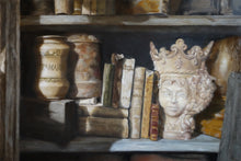 Load image into Gallery viewer, Queen of the Shelf tattered books jars statue Realism Original Still Life Oil Painting Framed on wall with wood and marble textures too, shown here without frame
