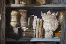 Carica l'immagine nel visualizzatore di Gallery, Queen of the Shelf tattered books jars statue Realism Original Still Life Oil Painting Framed on wall with wood and marble textures too, shown here without frame