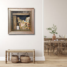 Carica l'immagine nel visualizzatore di Gallery, Framed still life painting of old puppet and books as shown in foyer to dining room.  Vintage Italian distressed wood frame