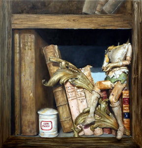This still life depicts a headless puppet sitting on a group of old books on a wooden bookshelf. There is a small white ceramic jar with some elixir inside and a decorative wood leaf arranged there.  The artist has signed her name as if it is the title on one of the larger old books