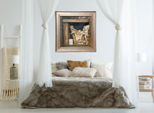 Load image into Gallery viewer, Framed still life painting of old puppet and books as shown in bedroom above bed.  Vintage Italian distressed wood frame
