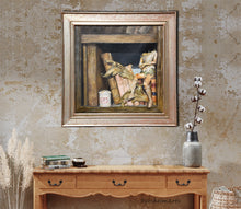 Load image into Gallery viewer, Framed still life painting of old puppet and books as shown as showpiece artwork above a sideboard.  Make your statement in your home..  Vintage Italian distressed wood frame

