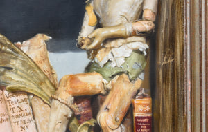 Detail of still life painting showing the tattered fabric on an old wooden doll or puppet.  You may see the wooden joints and the knee and a porceland hand attached.