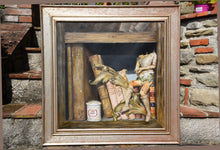 Load image into Gallery viewer, Framed still life painting of old puppet and books as shown in the sunshine with size comparison of stone staircase behind the artwork.  Vintage Italian distressed wood frame
