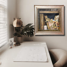 Load image into Gallery viewer, Framed still life painting of old puppet and books as shown in a home office or study room.  Vintage Italian distressed wood frame
