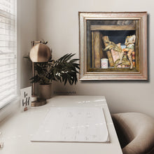 Carica l'immagine nel visualizzatore di Gallery, Framed still life painting of old puppet and books as shown in a home office or study room.  Vintage Italian distressed wood frame