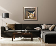 Carica l'immagine nel visualizzatore di Gallery, Warm colored rooms really enhance this vintage frame with a still life oil painting inside of a bookshelf with old books, a headless wooden doll, a white ceramic jar, and a wooden floral decorative sculpture