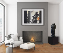 將圖片載入圖庫檢視器 Tango looks lovely in this living room with fireplace, sculpture by Vasily Fedorouk.  Spotted is the charcoal and pastel drawing of woman with a leopard, is the artwork by Kelly Borsheim above the fireplace. Live with art... go ahead!  It heals your soul!