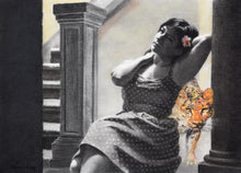 將圖片載入圖庫檢視器 Sitting daydreaming woman in polka dot dress has her spirit animal leopard stalking us from behind her in this original drawing with pastel artwork on paper