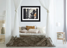 將圖片載入圖庫檢視器 Bedroom scene with art over headboard original art or fine art prints on "Spotted" Leopard with Woman illustration print Spotted big cat large wall art charcoal pastel drawing safari animal empowered women gift room decor