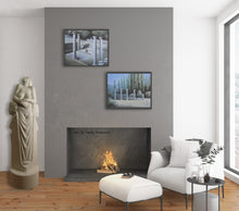 Cargar imagen en el visor de la galería, Marble sculpture Birth of Beauty Venus looks great in this living room scene with fireplace.  Two of the same artist Vasily Fedorouk landscape paintings are framed high over the fireplace.  They depict Greek columns as a nod to Greek history and mythology.