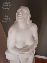 Cargar imagen en el visor de la galería, Close-up and "bird's eye" view of the face of the woman as she closes her eyes while head tilted back, an awakening in birth perhaps?  Marble veining can be seen in this original stone carving that will enhance your art collection and add beauty to your home.