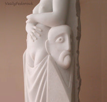 Cargar imagen en el visor de la galería, Detail photo of Birth of Beauty showing the face of the old, bearded man with the female nude torso in white marble.  You may see on the right the drill marks from splitting the stone.  Sculpture best displayed against a wall, but visible from three sides.