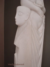 Cargar imagen en el visor de la galería, Detail of young man's head and abstracted draped body, detail of marble sculpture Birth of Beauty by Vasily Fedorouk, Ukrainian and American sculptor