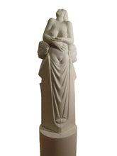 Load image into Gallery viewer, Vasily Fedorouk Birth of Beauty Marble Sculpture, a standing woman faces upwards, while 2 men flank her hip in profile, as if her guardians.  Almost a 4-foot tall sculpture for indoor or outdoor garden display.
