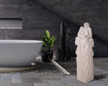 Cargar imagen en el visor de la galería, mock up of elegant bathroom with medium-toned travertine stone wall tiles.  Makes a great contrast to the white marble sculpture Birth of Beauty by Ukrainian artist Vasily Fedorouk