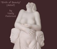Cargar imagen en el visor de la galería, Detail of woman's face (note the marble vein circle on her chin and cheek and neck.  This is NOT cast stone!  profiles of the two male allegories. Vasily Fedorouk Birth of Beauty Marble Sculpture