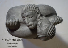 將圖片載入圖庫檢視器 Tango a 2-foot tall stone carving in Alaskan marble of a closely dancing couple.  As he embraces her, she nibbles on his ear.  The figures are modern, abstracted or better, designed with minalist features and intertwined fingers.  A romantic sculpture, carved by Ukrainian-American artist and sculptor Vasily Fedorouk.  Vertical, standing figures.