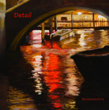 Load image into Gallery viewer, detail of canal waters with boat, bridge, and red and golden lights reflected on the subtle waves of the Grand Canal in this original oil painting Venezia Fish Market at Night by K. Borsheim