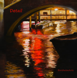 detail of canal waters with boat, bridge, and red and golden lights reflected on the subtle waves of the Grand Canal in this original oil painting Venezia Fish Market at Night by K. Borsheim