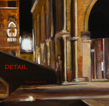 Load image into Gallery viewer, detail of woman hiding behind a Venetian wall in this original oil painting Venezia Fish Market at Night by K. Borsheim
