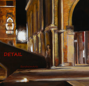 detail of woman hiding behind a Venetian wall in this original oil painting Venezia Fish Market at Night by K. Borsheim