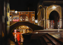 Load image into Gallery viewer, Fish Market on the Grand Canal, as seen at night in Venice, Italy (Venezia, Italia) painting in oil on wood panel by artist Kelly Borsheim. Size is 50 x 70 cm, or just under 20 x 28 inches. For sale by artist